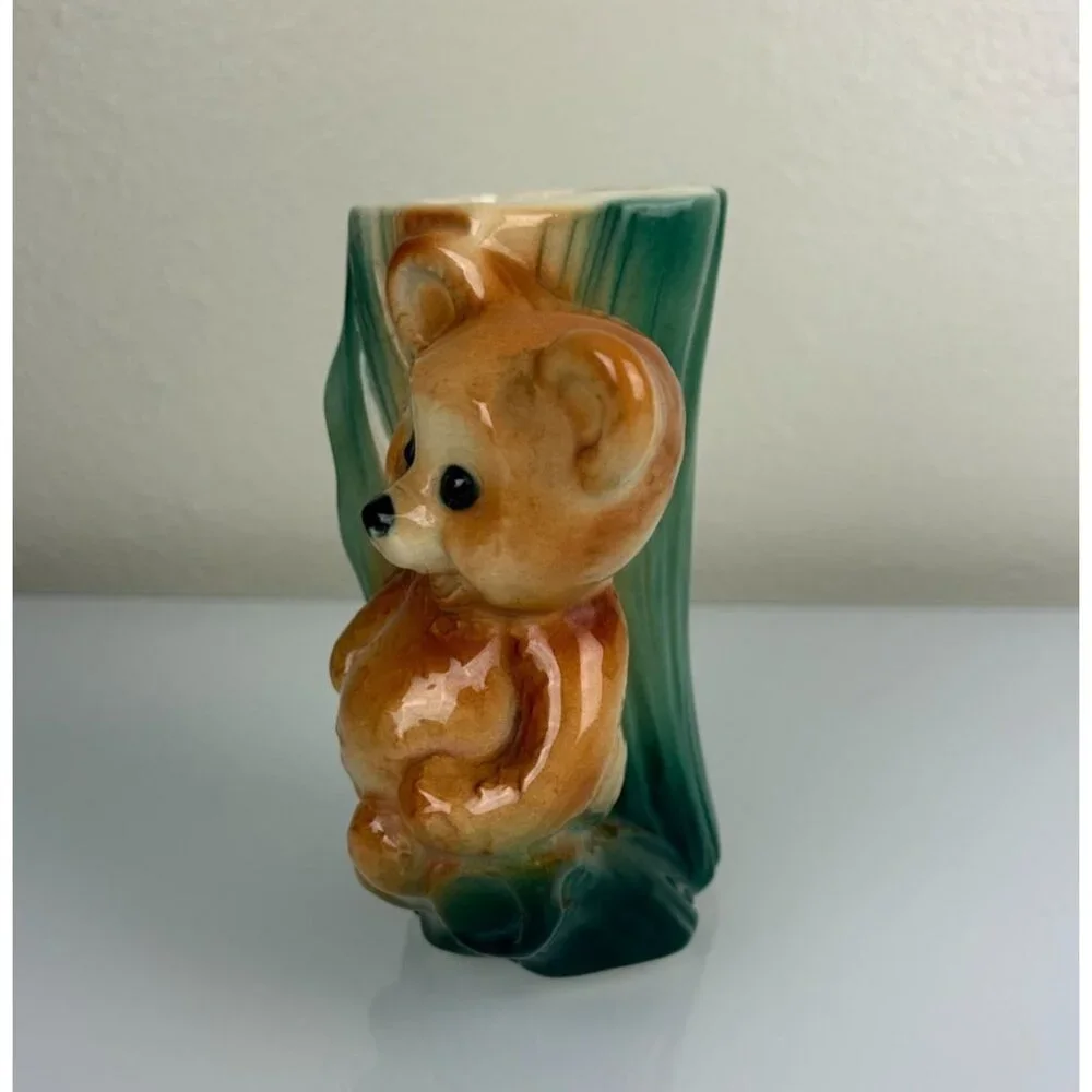 Vintage Royal Copley Bear & Tree Trunk Planter Vase Green Brown Animal Decor